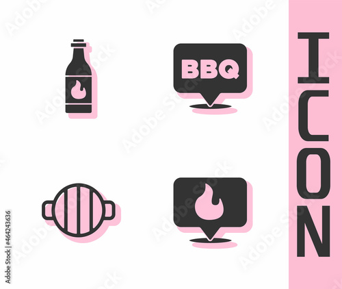 Set Location with fire flame, Tabasco sauce, Barbecue grill and icon. Vector