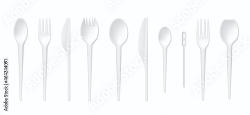 White disposable cutlery realistic set vector illustration. Collection plastic hygienic tableware