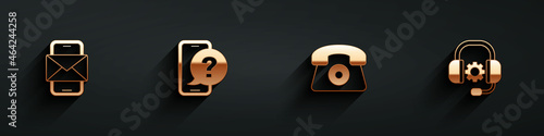 Set Mobile and envelope, Telephone 24 hours support, and Headphones icon with long shadow. Vector