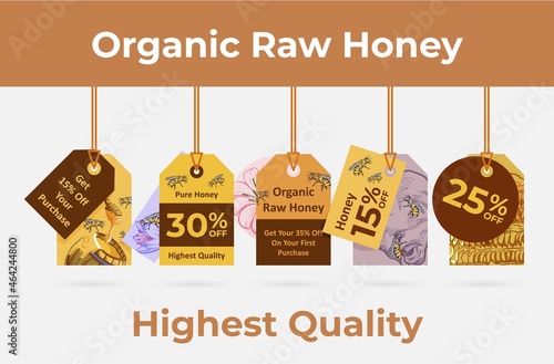 Organic raw honey vertical hanged label with rope set vector flat illustration promo sale discount