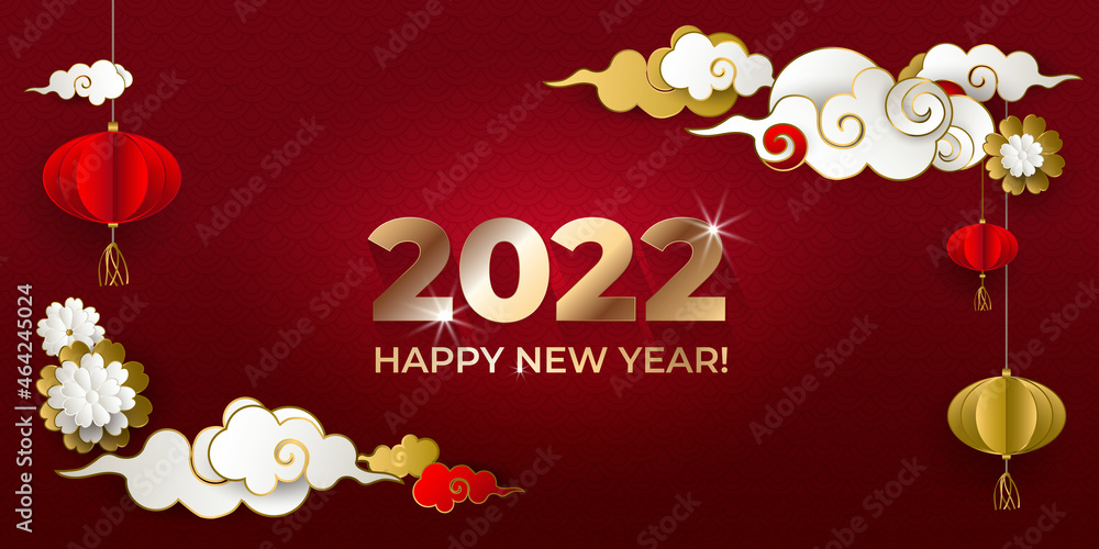 Naklejka premium Happy Chinese New Year 2022. Greeting card with gold and white clouds, lanterns, flowers on red background. Asian patterns. For holiday invitations, poster, banner. Paper style. Vector illustration.