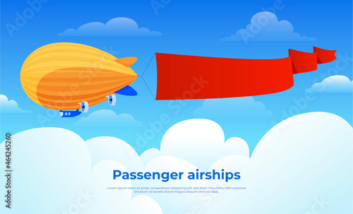 Cartoon passenger airship with horizontal banner at blue sky vector illustration. Vintage dirigible