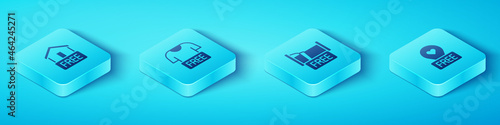 Set Isometric Free home delivery, Clothes donation, Location with heart and overnight stay house icon. Vector