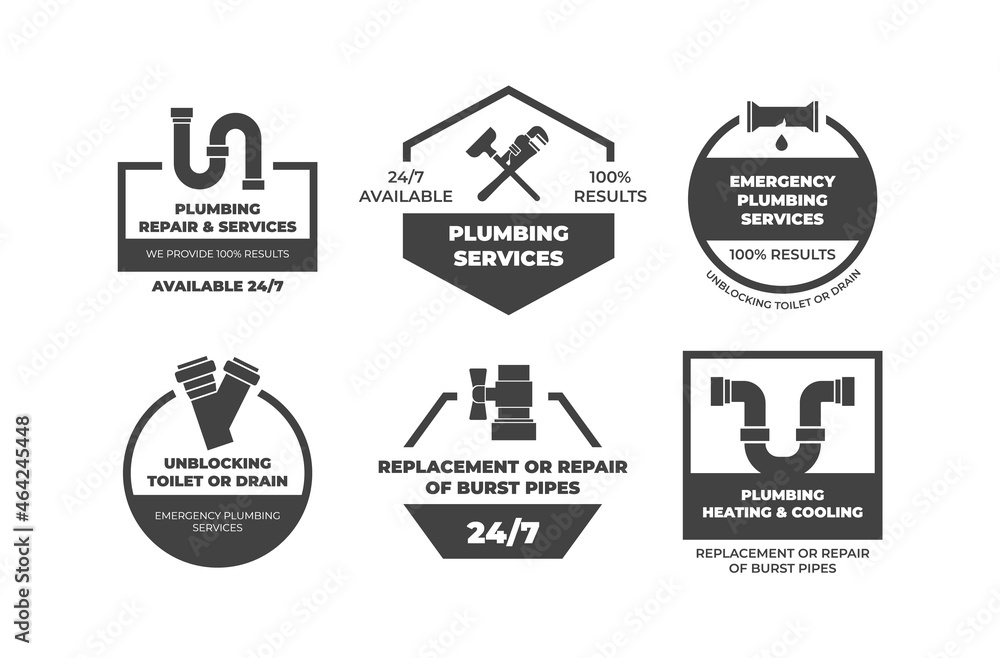 Monochrome plumbing repair service icon set vector illustration. Renovation, improvement emergency