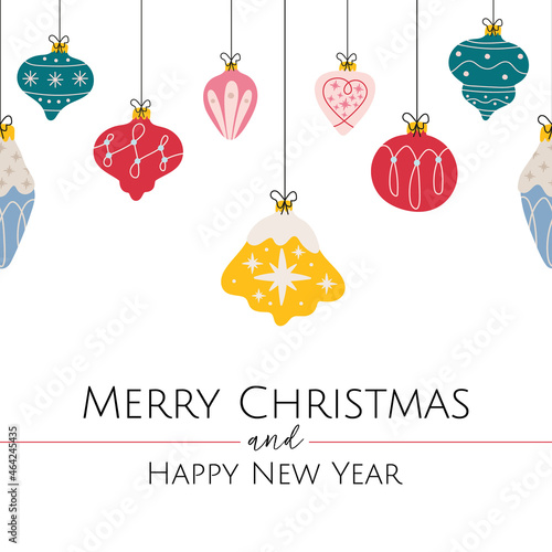 Mery Christmas and Happy New Year gift card with holiday christmas balls in yellow, red, green, pink, spun sugar and gossamer pink color