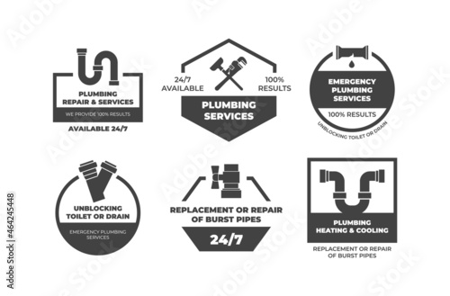 Monochrome plumbing repair service icon set vector illustration. Renovation, improvement emergency