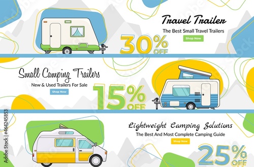 Small camping trailers landing page set vector flat illustration vehicle rent or sale