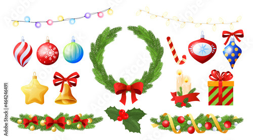 Christmas winter holiday decoration set vector flat illustration garland, hanged toys, bell, candles