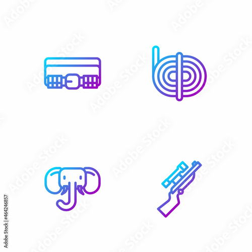 Set line Sniper rifle with scope, Elephant, Hunting cartridge belt and Climber rope. Gradient color icons. Vector