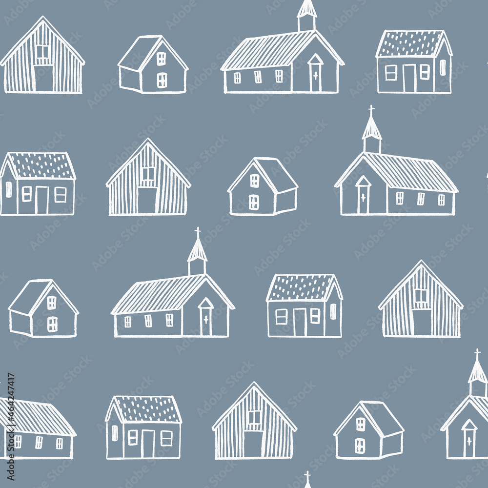 Iceland house pattern repeat in white with blue grey background. Cute hand drawn line art print design. Vector illustration. Great for kids and fun home decor projects. Surface pattern design. Iceland house pattern repeat in white with blue grey background. Cute hand drawn line art print design. Vector illustration. Great for kids and fun home decor projects. Surface pattern design.