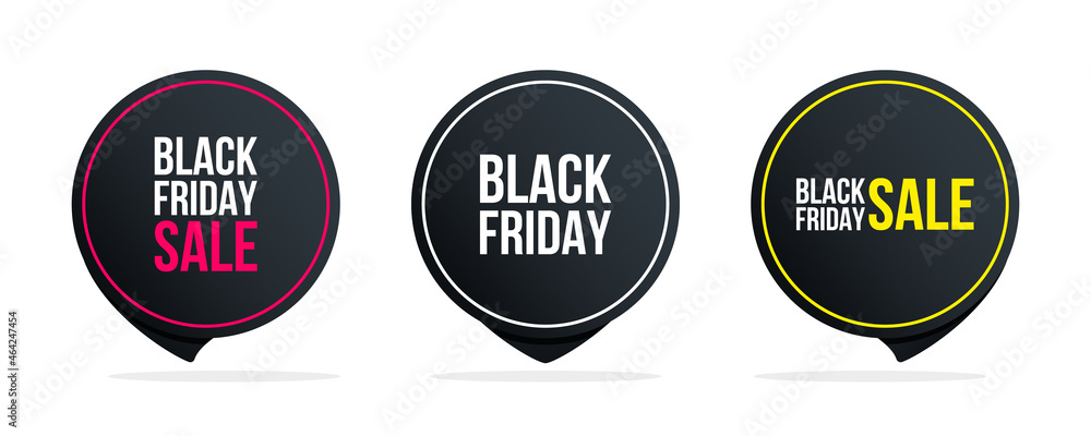 Fototapeta premium Black Friday label templates. Special offer commercial circle badges set for Black Friday shopping, sale promotion and advertising. Vector illustration.