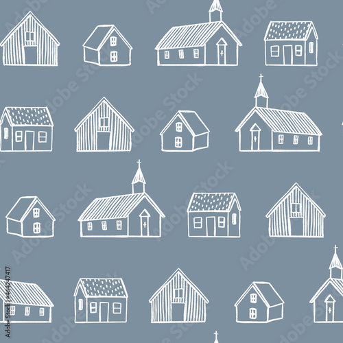 Iceland house pattern repeat in white with blue grey background. Cute hand drawn line art print design. Vector illustration. Great for kids and fun home decor projects. Surface pattern design.