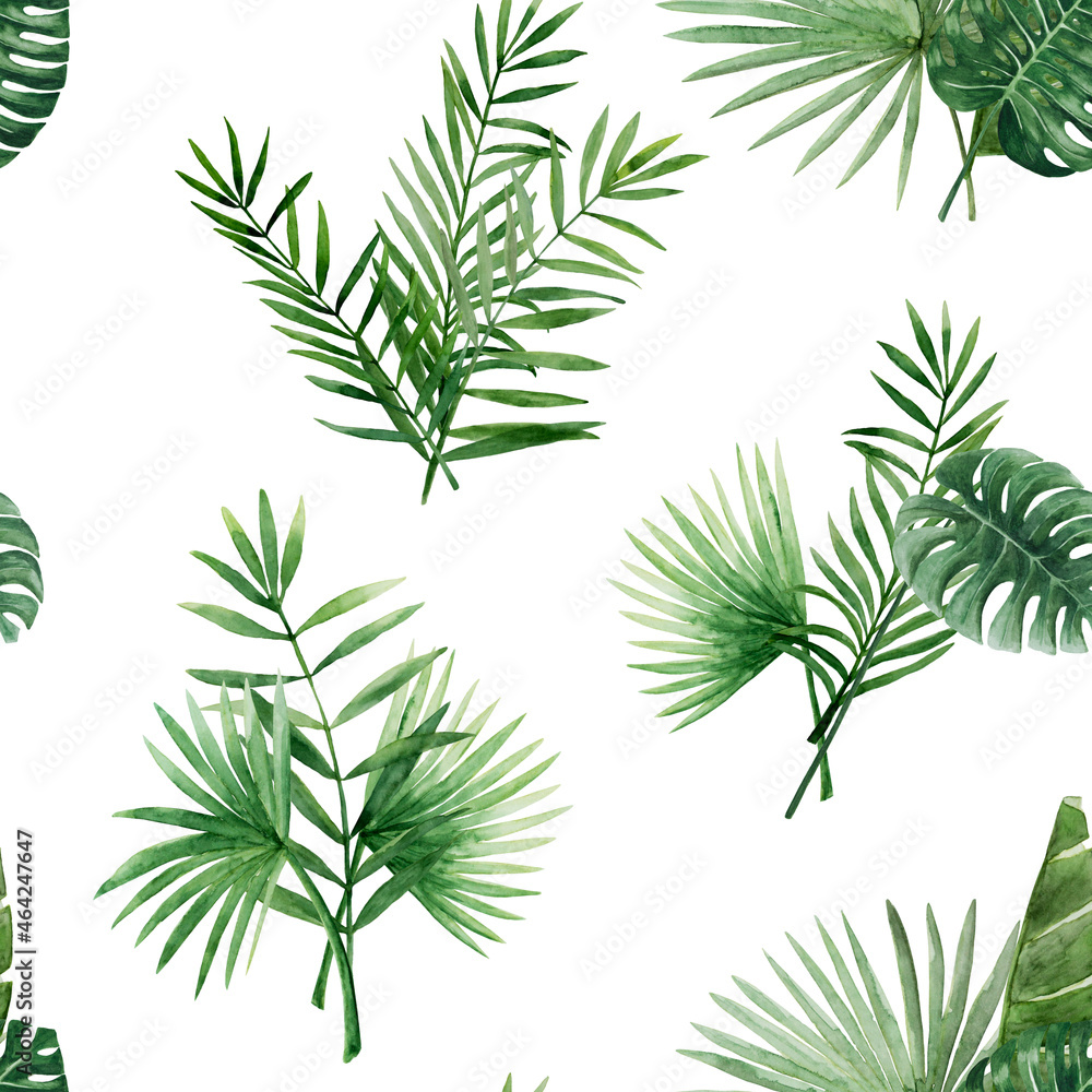 Tropical leaves seamless pattern isolated. Green palm jungle florals. Watercolor free-hand illustration for wedding, lifestyle, fabric, textile