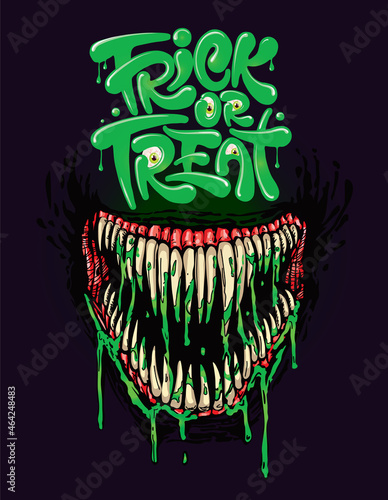 Halloween trick or treat vector, poster, flyer, and background template. Halloween trick or treat greeting text with fangs and eyeballs. Monster jaw and mouth with dripping slime