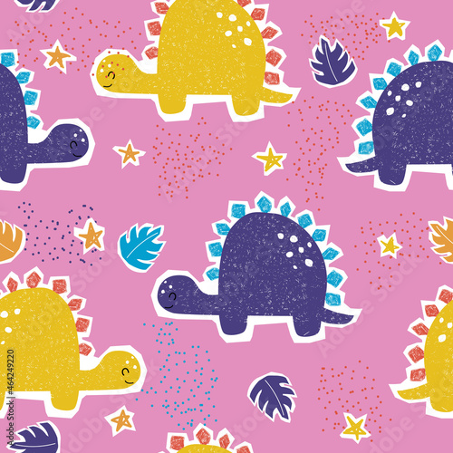 Seamless pattern with cute dinosaur, stars and leaves. Childish print. Vector hand drawn illustration.