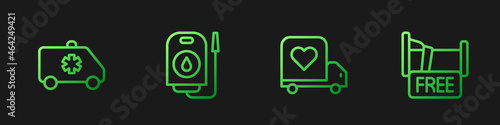 Set line Delivery truck with heart, Emergency car, Blood donation and Free overnight stay house. Gradient color icons. Vector