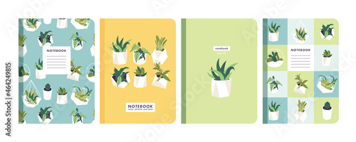 Vector illustartion templates cover pages for notebooks, planners, brochures, books, catalogs. Background with florariums and flowers.
