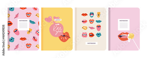 Vector illustartion templates cover pages for notebooks, planners, brochures, books, catalogs. Backgrounds with female lipstick lips and various of mimic, emotions, facial expressions.