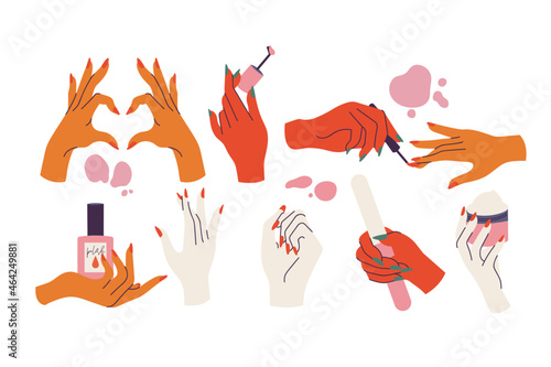 Vector illustration set of hands gestures with colored nails. Beauty and fashion concept.