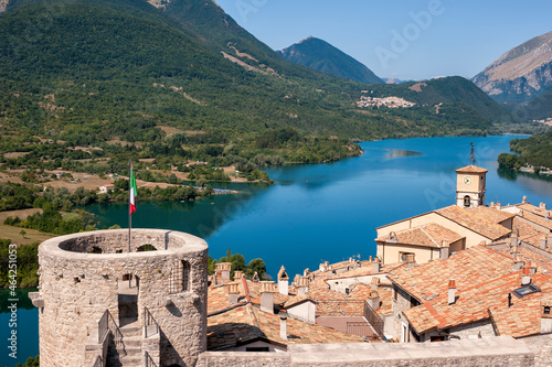 Panoramic sight in Barrea with the ancient castle turret, province of L'Aquila in the Abruzzo region of Italy. photo