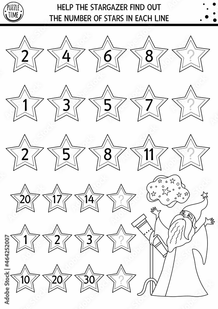 Naklejka premium Help the stargazer find out the number of stars. Black and white continue the row game with numerals and cute fairytale character. Magic kingdom logical math activity or coloring page for kids.