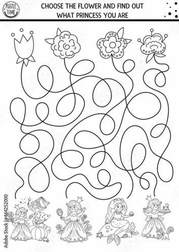 Fairytale black and white maze for kids with cute princesses and flowers. Magic kingdom preschool printable activity or coloring page with Sleeping Beauty, Mermaid. Fairy tale labyrinth game