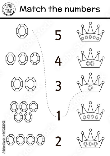 Match the numbers game with crown, gem stones. Black and white fairytale math activity for preschool children. Magic kingdom educational printable counting worksheet or coloring page.