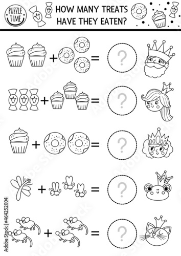 How many treats game with cute fairytale characters, donuts, sweets. Black and white magic kingdom math addition activity for preschool kids. Printable simple counting worksheet or coloring page.