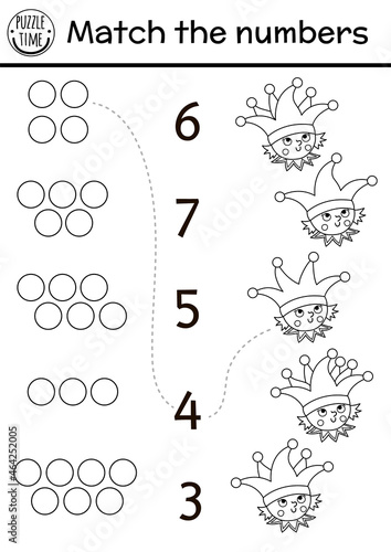 Match the numbers game with buffoon and bells on hat. Black and white fairytale math activity for preschool children. Magic kingdom printable counting or coloring worksheet for kids .