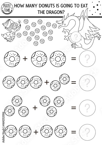 How many donuts game with cute fairytale creatures. Black and white magic kingdom math addition activity for preschool kids. Printable simple counting worksheet or coloring page with dragon.