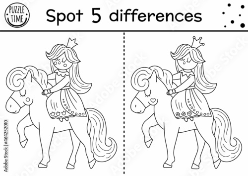 Black and white find differences game for children. Fairytale educational activity with cute princess and mirror. Magic kingdom puzzle for kids. Fairy tale printable worksheet or coloring page.