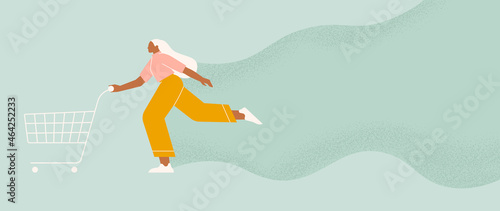 Woman going shopping with an empty cart. Young beautiful girl running and pushing a trolley. Discount, big sale, shopper, shopaholic concept. Modern vector illustration for banner, ad
