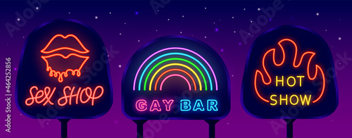 Sex shop neon emblems on street banner. Gay bar and hot show. Neon lettering. Isolated vector stock illustration