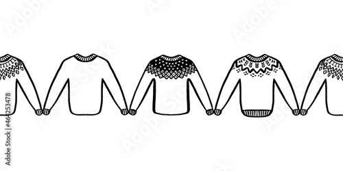 Sweater border representing Iceland traditional wool clothes in black and white. Vector hand drawn art print design. Vector hand drawn art print design. Great for kids and fun home decor projects
