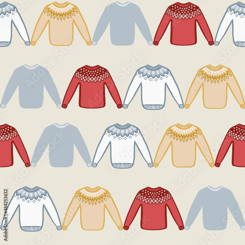 Sweater pattern representing Iceland traditional wool clothes in red, mustard yellow and light grey over beige background. Vector hand drawn art print design. Great for kids and fun home decor