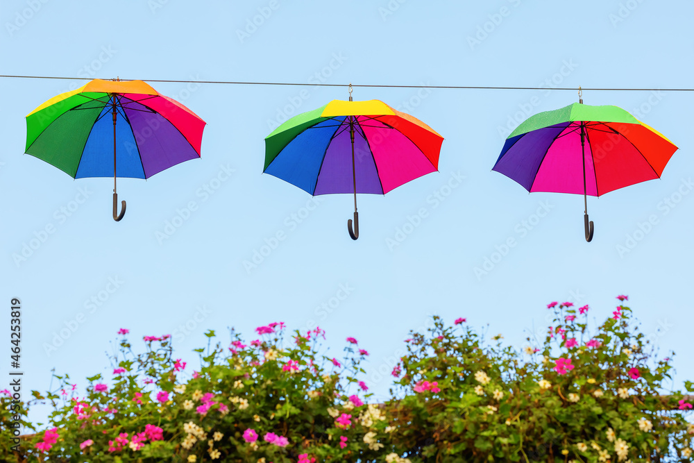 rainbow colored umbrellas on a line