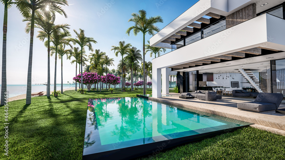 3d rendering of modern cozy house with pool and parking for sale or rent in luxurious style by the sea or ocean. Sunny day by the azure coast with palm trees and flowers in tropical island 3d rendering of modern cozy house with pool and parking for sale or rent in luxurious style by the sea or ocean. Sunny day by the azure coast with palm trees and flowers in tropical island