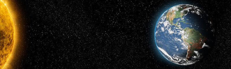 Sun star and planet earth in space front view. Cosmic background.Solar system.Elements of this image furnished by NASA