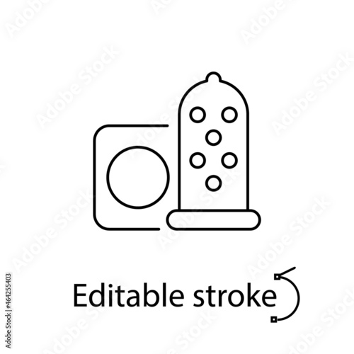 Condom and package outline icon. Sex shop. Editable stroke. Isolated vector stock illustration