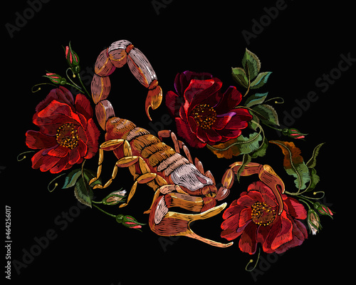 Scorpion and red roses flowers. Embroidery art. Gothic halloween style. Romantic dark fairy tale. Fashion template for clothes