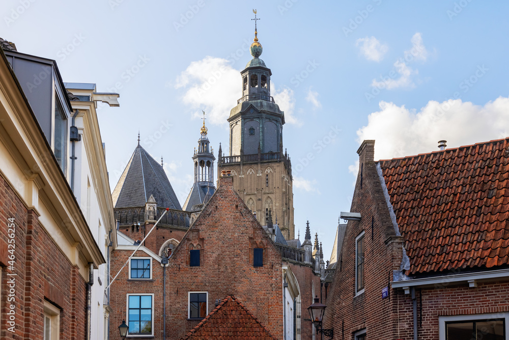 facades of old buildings and church in Zutphen, Netherlands