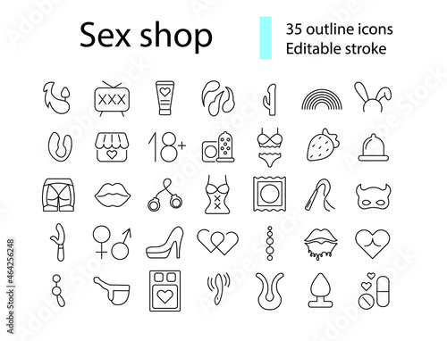 Sex shop outline icons set. Adult toys. Customizable symbols collection. Editable stroke. Isolated vector illustration