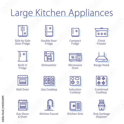 Large kitchen appliances set. Gas oven hob, fridge