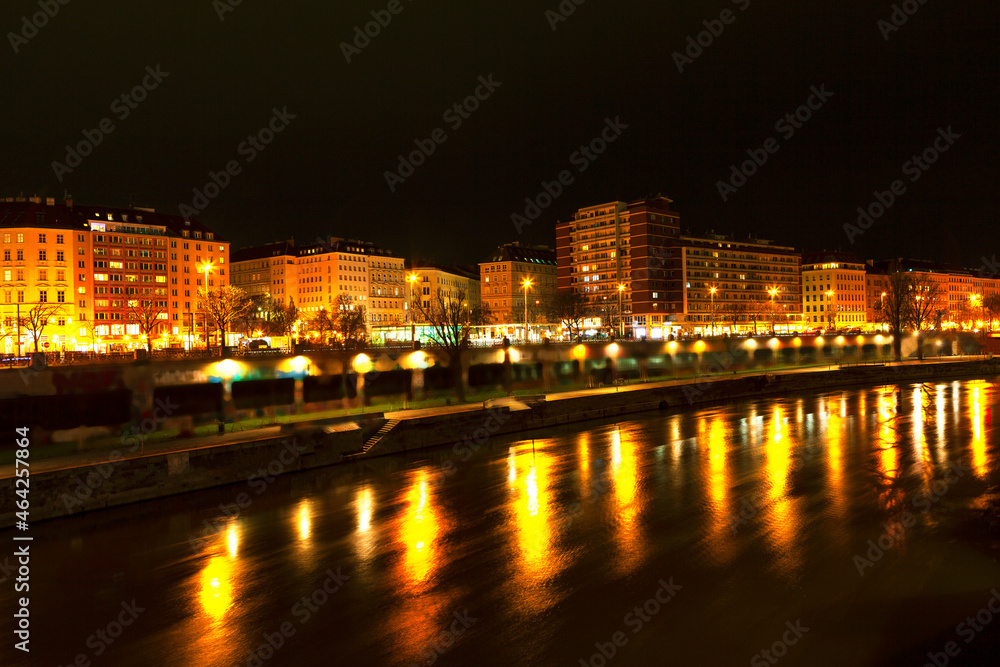 Night view of Danube riverside district in Vienna Austria . European capital city in the nighttime