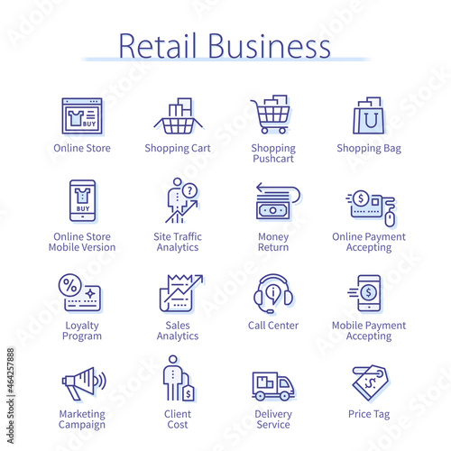 Retail business set icons. Shop sales analytics