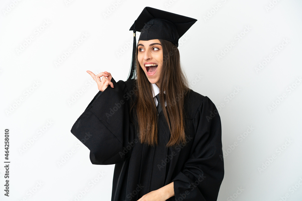 Young university graduate isolated on white background intending to realizes the solution while lifting a finger up Young university graduate isolated on white background intending to realizes the solution while lifting a finger up
