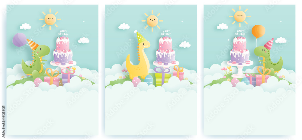 Birthday card with cute dinosaur and gift boxes, Birthday cake. 