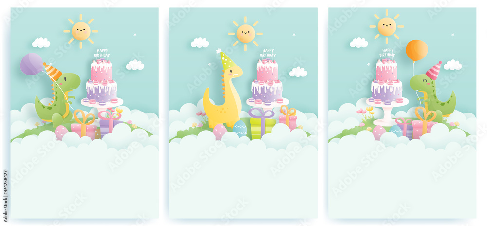 Birthday card with cute dinosaur and gift boxes, Birthday cake. Birthday card with cute dinosaur and gift boxes, Birthday cake.