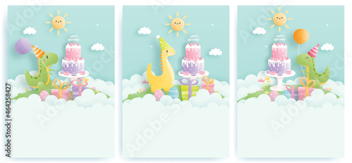 Birthday card with cute dinosaur and gift boxes, Birthday cake. 