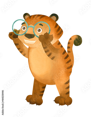 Tiger in large round glasses. Mascot of optics, ophthalmology. The symbol of the new year 2022.